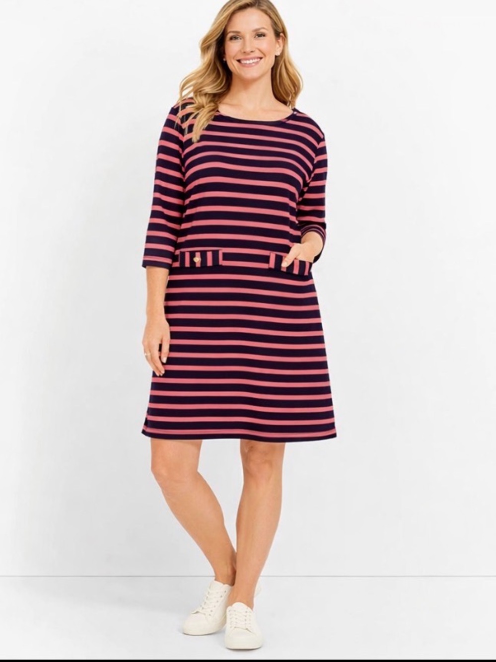 Talbots Petite 1XP Striped Cotton Dress Pink Navy Nautical Preppy Pockets Plus